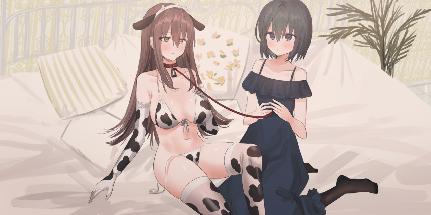2girls animal_ears animal_print bangs bare_shoulders bell bell_collar bikini black_hair black_legwear blue_dress blue_eyes blush borrowed_character breasts brown_eyes brown_hair chihuri chinese_zodiac collar collarbone cow_ears cow_horns cow_print dress elbow_gloves eyebrows_visible_through_hair fake_animal_ears fake_horns feet_out_of_frame front-tie_bikini front-tie_top gloves hair_between_eyes hairband highres holding holding_leash horns leash long_hair medium_breasts multiple_girls navel no_shoes off-shoulder_dress off_shoulder on_bed original pantyhose parted_lips pillow print_bikini print_gloves print_legwear red_collar side-tie_bikini swimsuit thigh-highs untied untied_bikini very_long_hair white_bikini white_gloves white_hairband white_legwear year_of_the_ox