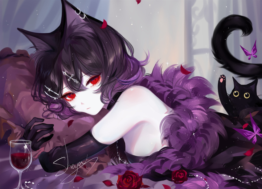 1girl animal_ears artist_name bangs bare_shoulders black_cat black_gloves black_hair cat cat_ears cat_tail commentary cup drinking_glass elbow_gloves flower fur_trim gloves hair_between_eyes highres original red_eyes red_flower red_rose rose sheya short_hair signature solo symbol_commentary tail upper_body wine_glass