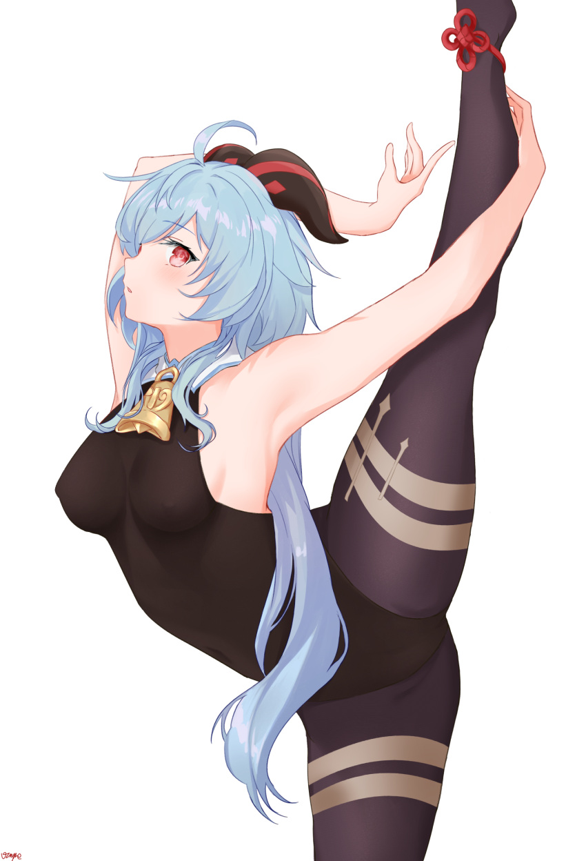 1girl ahoge armpits arms_up ballet bare_arms bare_shoulders bell black_leotard blue_hair breasts covered_nipples cowbell detached_collar from_side ganyu_(genshin_impact) genshin_impact goat_horns highres horns leg_up leotard long_hair looking_at_viewer looking_to_the_side medium_breasts no_bra pantyhose parted_lips red_eyes simple_background solo thighband_pantyhose vayneeeee white_background