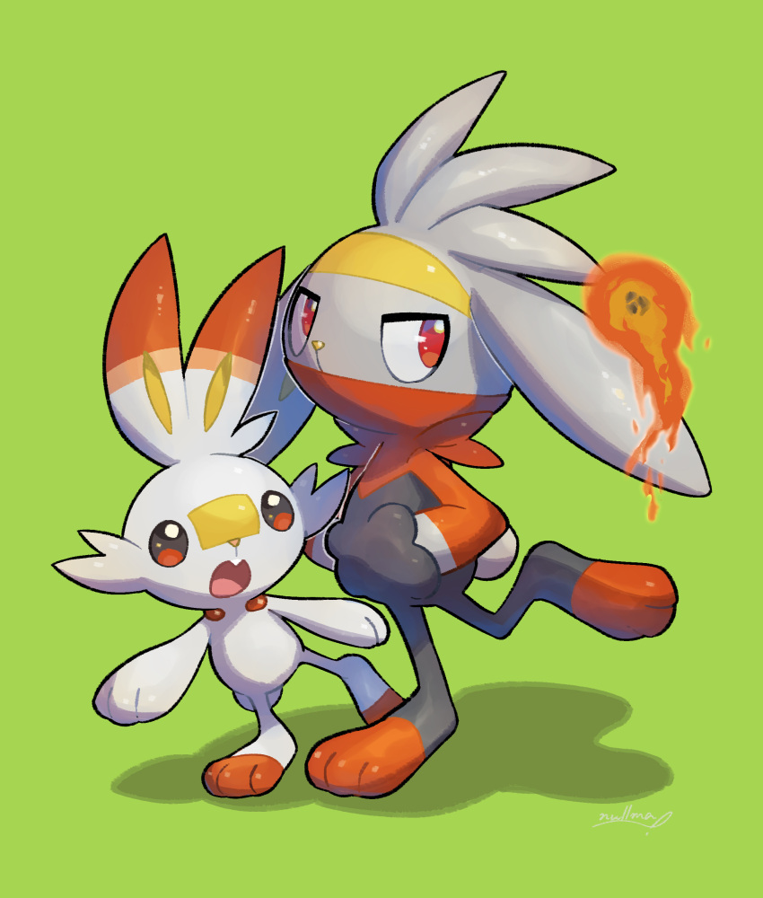 absurdres commentary_request fang fire gen_8_pokemon green_background hands_in_pockets highres nullma open_mouth paws pokemon pokemon_(creature) raboot red_eyes scorbunny shiny simple_background standing toes tongue