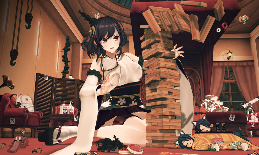 3d 6+girls absurdres bed black_hair chair character_request curtains detached_sleeves dispenser energy_drink ffkw hair_ornament highres japanese_clothes kantai_collection kneeling kotatsu lamp messy_room monster_energy multiple_girls okobo rabbit red_eyes short_hair size_difference sleeping tabi table telescope thigh-highs toy toy_train wide_sleeves window yamashiro_(kantai_collection)