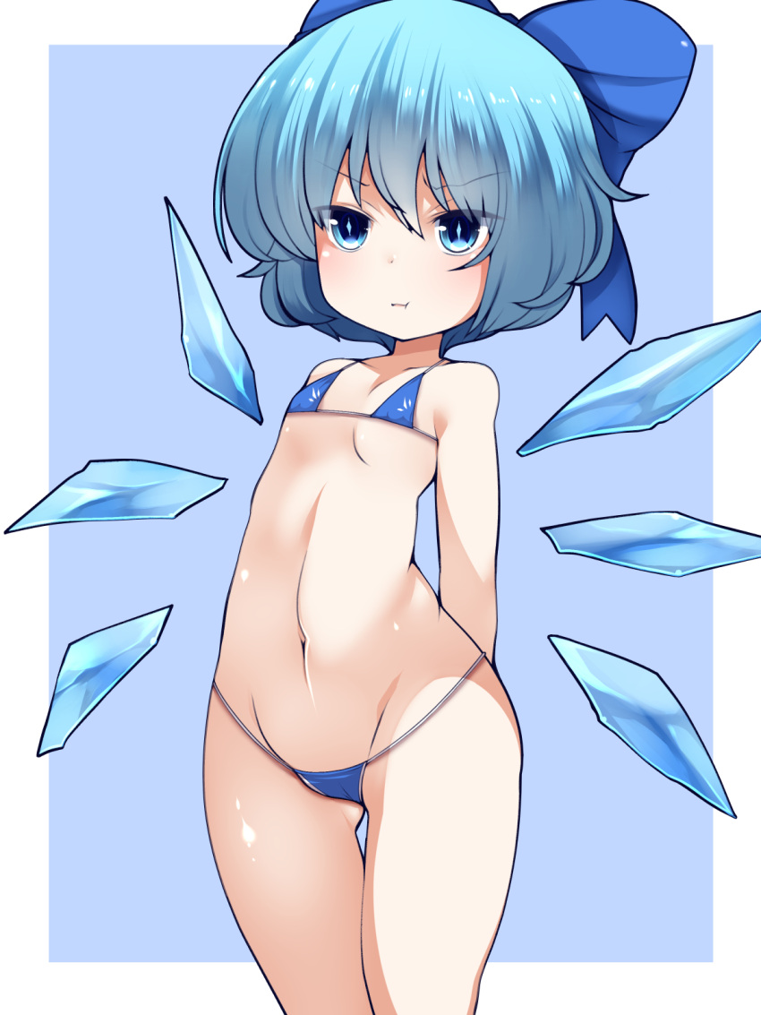 1girl :t arms_behind_back bangs bikini blue_background blue_bikini blue_bow blue_eyes blue_hair bob_cut border bow cirno closed_mouth commentary cowboy_shot doku_corne eyebrows_visible_through_hair flat_chest frown groin hair_bow highres ice ice_wings looking_at_viewer micro_bikini navel outside_border short_hair solo standing swimsuit thigh_gap touhou white_border wings