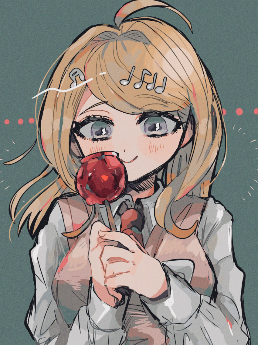 1girl ahoge akamatsu_kaede bangs blonde_hair blush breasts candy_apple commentary_request dangan_ronpa_(series) dangan_ronpa_v3:_killing_harmony eyebrows_visible_through_hair food green_background grey_eyes grey_shirt hair_ornament highres holding kara_aren large_breasts long_hair long_sleeves looking_at_viewer musical_note musical_note_hair_ornament necktie orange_neckwear shirt smile solo sweater_vest swept_bangs upper_body white_shirt