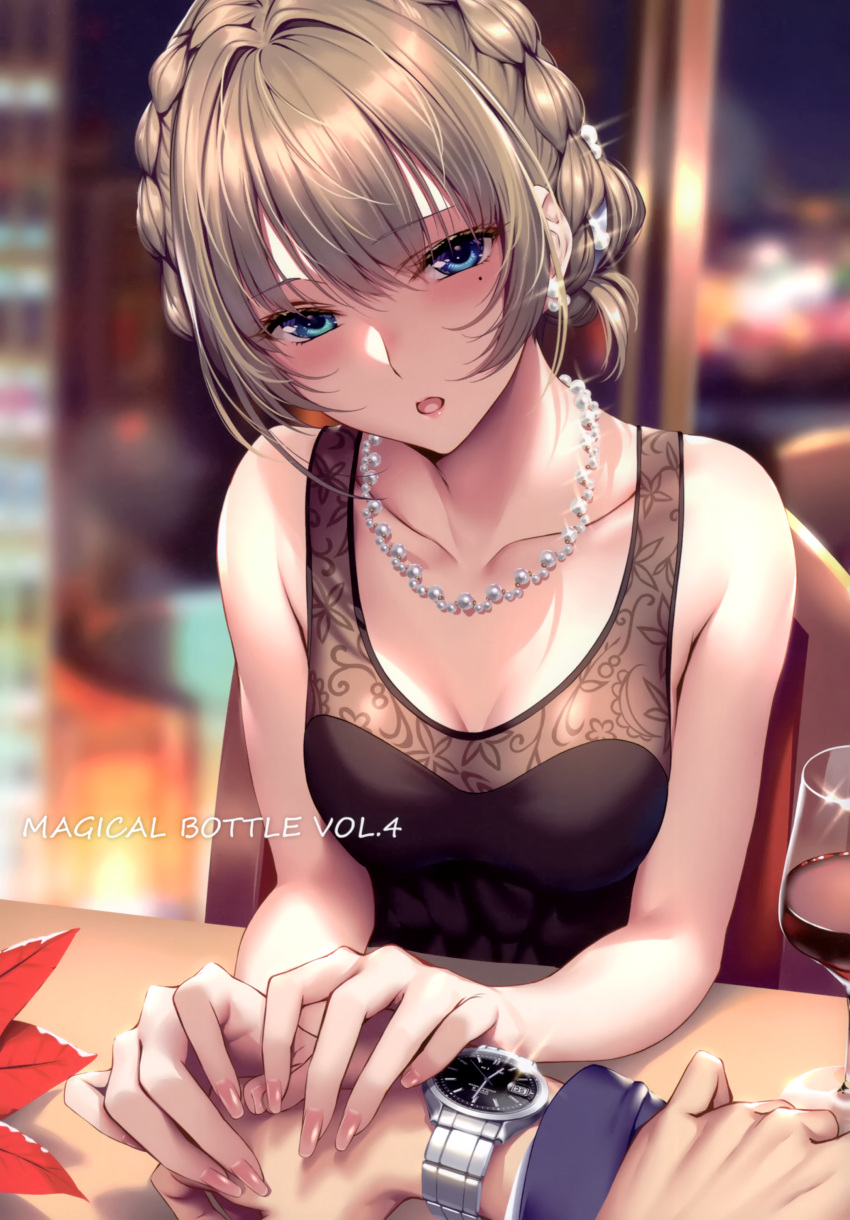 1girl absurdres alcohol bangs bare_shoulders blue_eyes blurry blurry_background blush breasts brown_hair collarbone cup earrings eyebrows_visible_through_hair fingernails highres idolmaster idolmaster_cinderella_girls jewelry lips looking_at_viewer medium_breasts mole mole_under_eye necklace open_mouth out_of_frame piromizu shiny shiny_hair simple_background sleeveless takagaki_kaede tied_hair upper_body watch wine