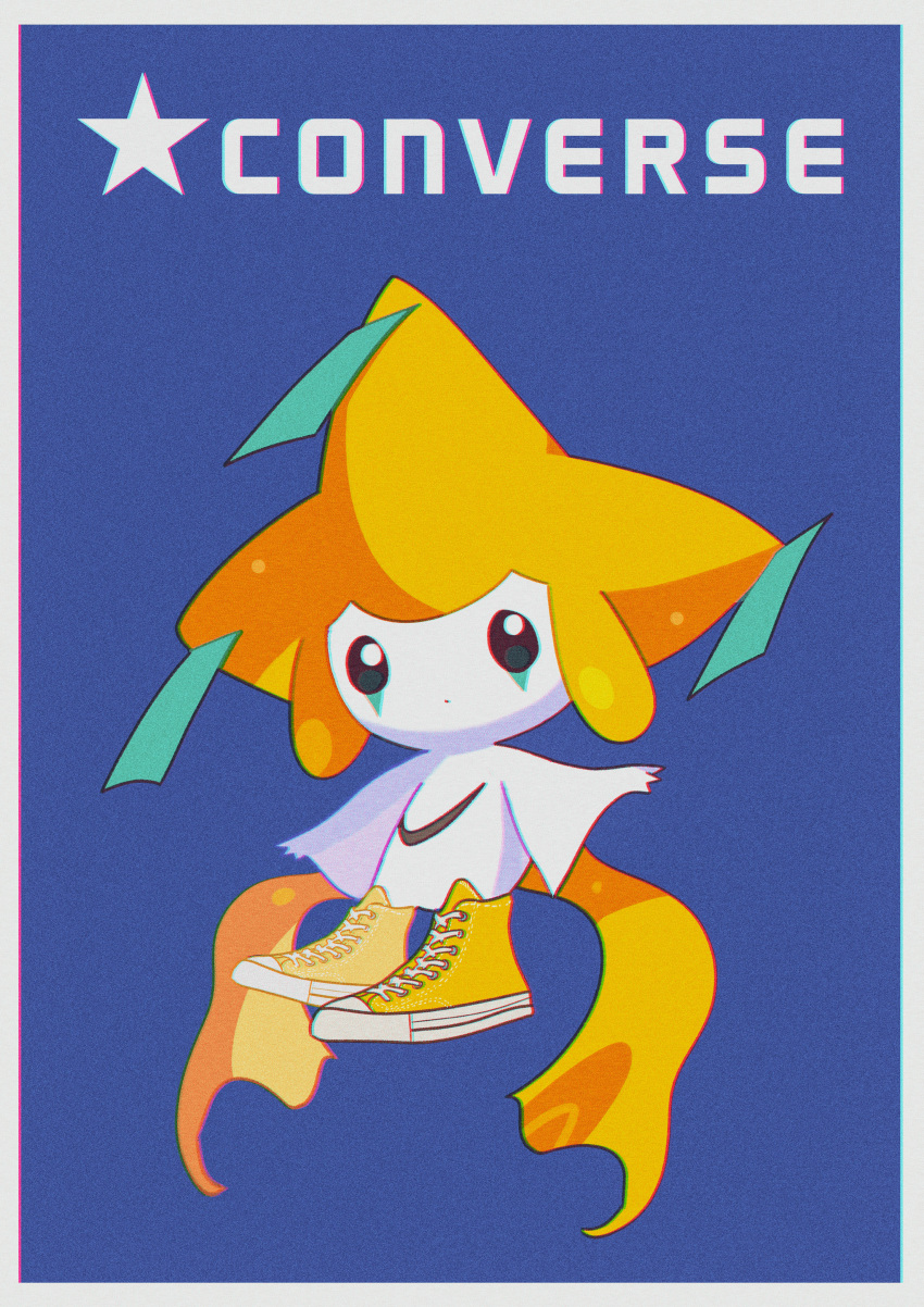 absurdres blue_background border closed_mouth commentary_request converse film_grain full_body gen_3_pokemon highres jirachi looking_at_viewer mythical_pokemon no_humans orange_footwear outstretched_arms pokemon pokemon_(creature) saiku_(zvlku) shoes solo white_border