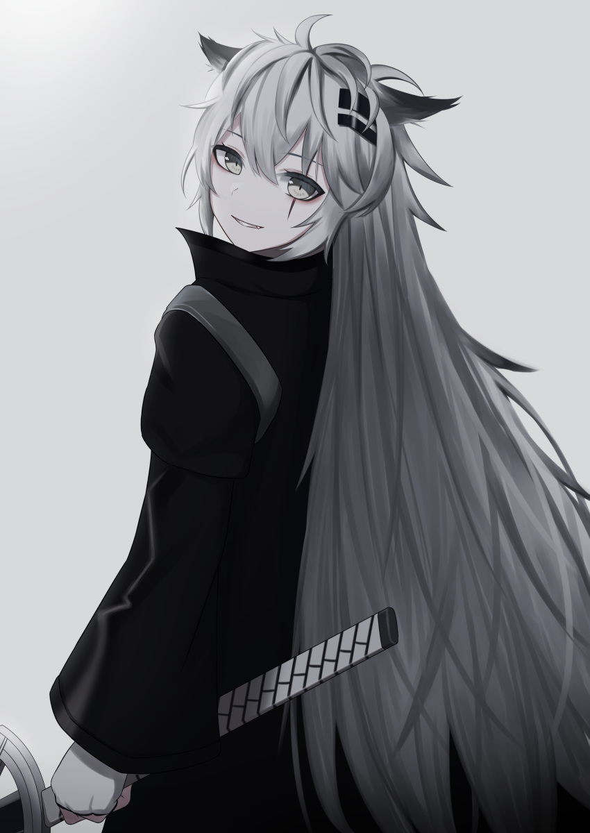 1girl absurdres animal_ears arknights bangs black_coat coat cowboy_shot eyebrows_visible_through_hair fang fingerless_gloves from_behind gloves grey_background grey_eyes grey_hair grin hair_ornament highres holding holding_sword holding_weapon kukuku_(kuruta_39) lappland_(arknights) long_hair long_sleeves looking_at_viewer looking_back messy_hair parted_lips scar scar_across_eye scar_on_face simple_background smile solo sword very_long_hair weapon white_gloves wolf_ears wolf_girl
