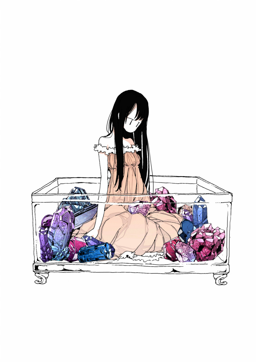 1girl bare_shoulders black_hair crystal dress gem hasha highres long_hair no_mouth no_nose off-shoulder_dress off_shoulder original pink_dress rock simple_background sitting solo white_background