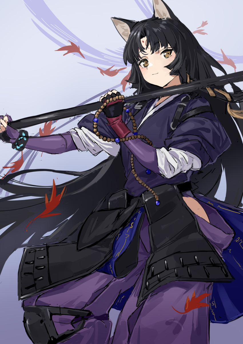 1girl absurdres animal_ears arknights autumn_leaves bangs black_hair black_kimono blush bracelet brown_eyes closed_mouth dog_ears dog_girl elbow_gloves facial_mark feet_out_of_frame fingerless_gloves forehead_mark gloves highres hip_vent holding holding_weapon japanese_clothes jewelry kimono kyo_(krokikyon) leaf long_hair long_sleeves looking_at_viewer maple_leaf pants parted_bangs puffy_long_sleeves puffy_sleeves purple_gloves purple_pants saga_(arknights) smile solo standing tasuki very_long_hair weapon