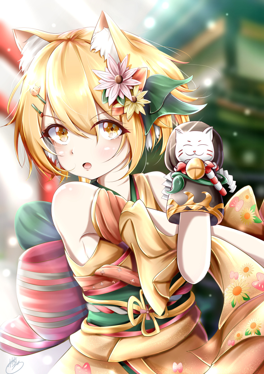 1girl :o absurdres animal_ear_fluff animal_ears back_bow bangs bare_shoulders bell black_gloves blonde_hair blurry blurry_background bow breasts cat cat_ears cat_hair_ornament detached_sleeves eyebrows_visible_through_hair flower gloves hair_between_eyes hair_flower hair_ornament hairclip highres hiyori_(princess_connect!) japanese_clothes jingle_bell looking_at_viewer new_year open_mouth pink_flower princess_connect! princess_connect!_re:dive short_hair signature small_breasts solo stretch takemura_kou yellow_flower