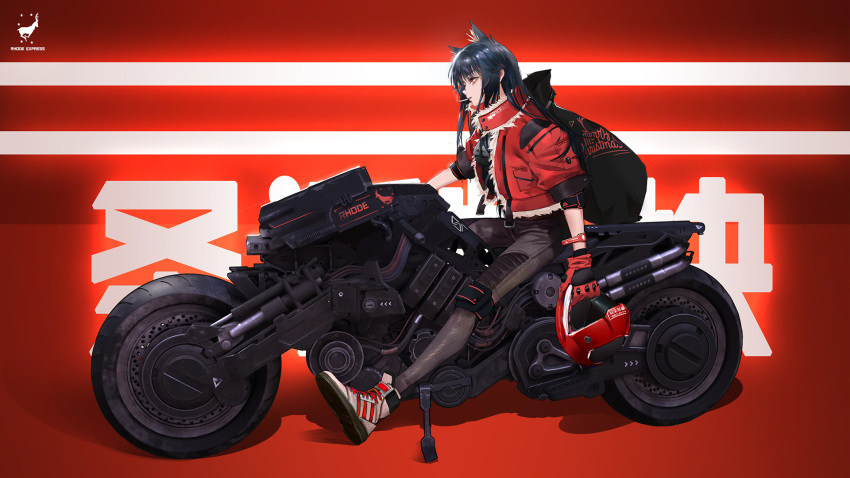 1girl alternate_costume animal_ear_fluff animal_ears ankle_boots arknights backlighting backpack bag black_hair black_pants boots breasts cigarette drive_shot elbow_pads full_body fur-trimmed_jacket fur_trim gloves glowing ground_vehicle headwear_removed helmet helmet_removed highres jacket knee_pads merry_christmas motor_vehicle motorcycle motorcycle_helmet mouth_hold open_clothes open_jacket pants red_eyes red_gloves red_jacket revision short_sleeves sitting solo texas_(arknights) two-tone_background white_footwear wolf_ears wolf_girl