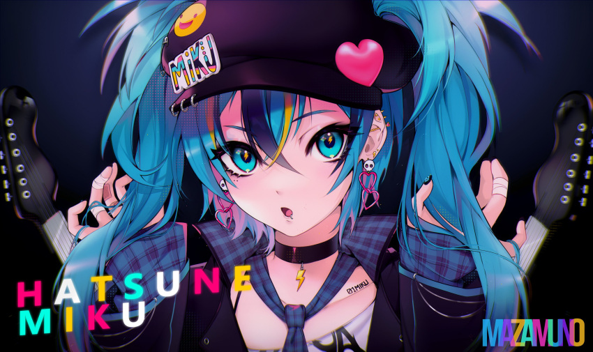 1girl absurdres artist_name bandaged_fingers bandages bandaid bandaid_on_hand black_hair black_headwear black_jacket black_nails blonde_hair blue_background blue_eyes blue_hair character_name choker collarbone ear_piercing earrings gradient gradient_background hair_between_eyes hat hatsune_miku heart highres holding holding_hair instrument jacket jewelry lightning_bolt lip_piercing long_hair mazamuno multicolored_hair parted_lips piercing plaid plaid_neckwear safety_pin shirt simple_background skull sleeves_past_wrists smiley_face streaked_hair symbol-shaped_pupils twintails vocaloid white_shirt