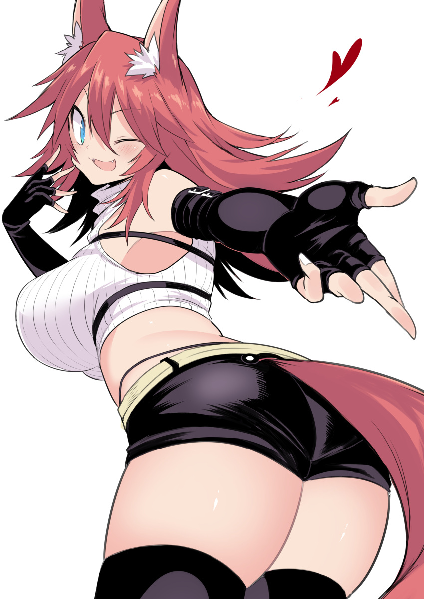 1girl absurdres animal_ear_fluff animal_ears bare_shoulders belt black_shorts blue_eyes blush breast_suppress crop_top elbow_gloves fingerless_gloves firo_(shun_soku) gloves heart highleg highleg_panties highres looking_at_viewer micro_shorts midriff one_eye_closed original panties redhead ribbed_shirt ribbed_sweater shirt shorts shun_soku sleeveless solo sweater tail tenga thigh-highs underwear wolf_ears wolf_tail