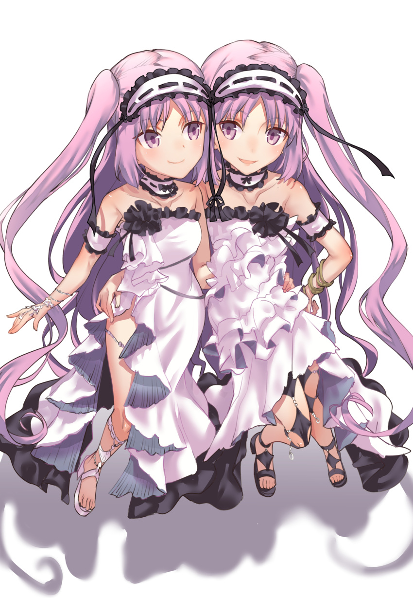 2girls arm_around_waist bare_shoulders boshi_(a-ieba) bracelet choker commentary_request dress euryale_(fate) face-to-face fate/grand_order fate_(series) feet hairband hand_on_hip highres jewelry legs lolita_hairband long_hair multiple_girls open_mouth purple_hair sandals siblings side_ponytail side_slit simple_background sisters smile stheno_(fate) strapless strapless_dress toes twins white_background white_dress