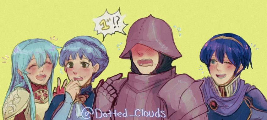 2boys 2girls aqua_hair armor blue_hair blush dotted_clouds eirika_(fire_emblem) fire_emblem fire_emblem_heroes full_armor gatekeeper_(fire_emblem) helm helmet highres long_hair marianne_von_edmund marth_(fire_emblem) multiple_boys multiple_girls nose_blush pointing pointing_at_self short_hair twitter_username upper_body yellow_background