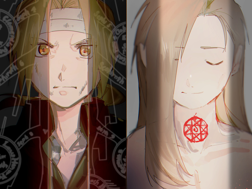 2boys alphonse_elric androgynous automail bandaged_head bandages bangs biiko_(king1015g) black_shirt blonde_hair blurry blurry_background bodypaint brothers chromatic_aberration close-up closed_eyes closed_mouth collarbone collared_shirt dark_background dirty dirty_face edward_elric eyes_visible_through_hair face facing_viewer frown fullmetal_alchemist grey_background hair_over_one_eye highres light_particles light_smile long_hair looking_at_viewer magic_circle male_focus multiple_boys nude parted_bangs partially_unbuttoned serious shaded_face shirt siblings simple_background skinny split_screen straight_hair translucent_hair upper_body yellow_eyes