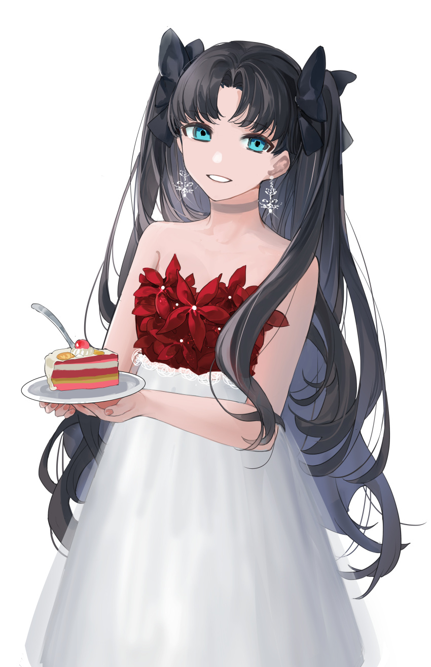 1girl absurdres aqua_eyes bangs bare_arms bare_shoulders black_bow black_hair blue_eyes bow cake choker collarbone commentary_request dress earrings eyebrows_visible_through_hair fate/stay_night fate_(series) flower food hair_bow highres holding holding_plate jewelry long_hair looking_at_viewer null_(1397062873) pink_choker plate red_flower simple_background smile snowflake_earrings solo strapless strapless_dress tohsaka_rin two_side_up white_background white_dress