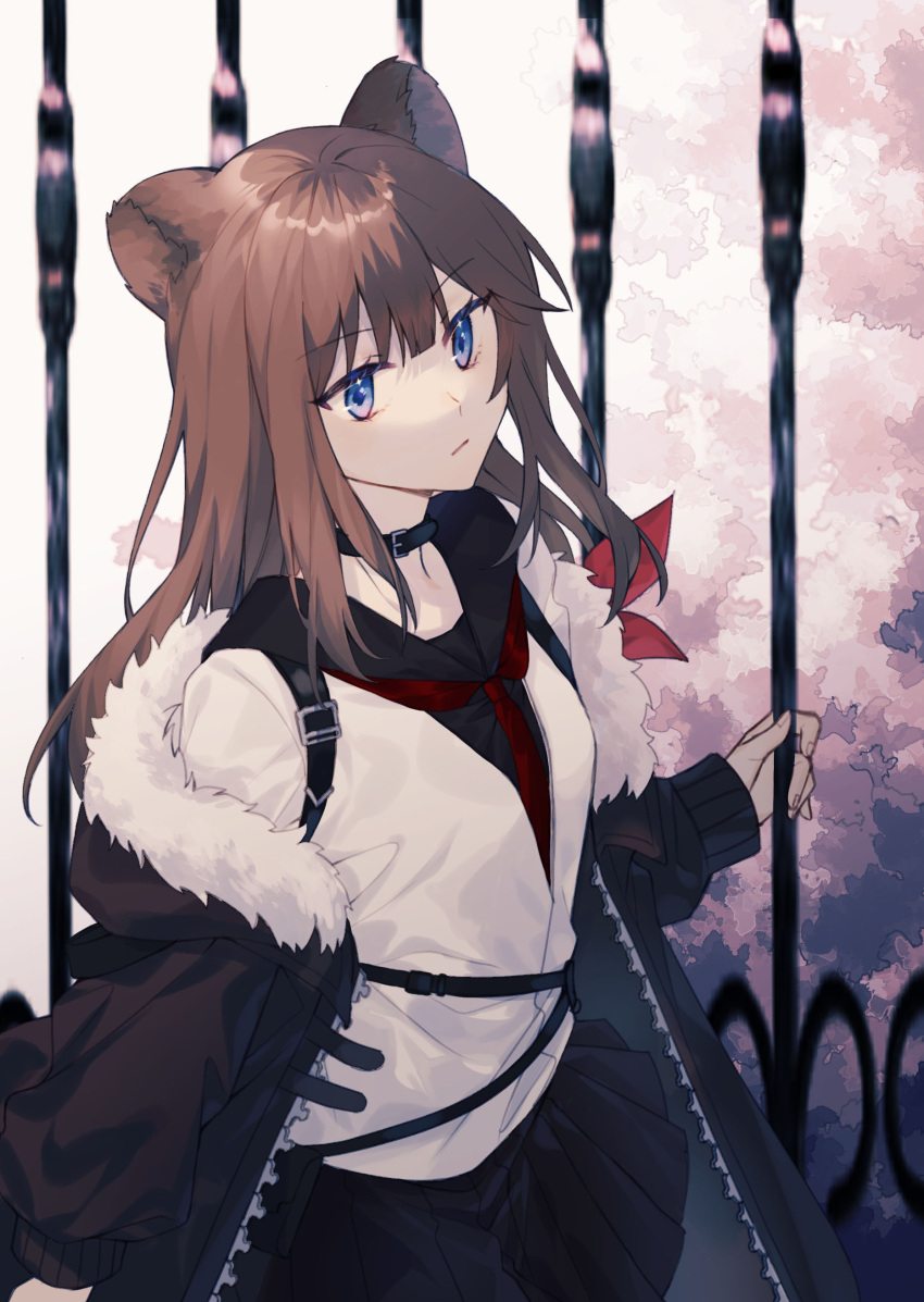 1girl absurdres animal_ears arknights bangs bear_ears bear_girl black_coat black_sailor_collar black_skirt blue_eyes brown_hair buckle closed_mouth coat collar commentary_request cowboy_shot eyebrows_visible_through_hair fence highres idass_(idass16) jacket long_hair long_sleeves looking_at_viewer miniskirt neckerchief open_clothes open_coat pleated_skirt red_neckwear sailor_collar school_uniform skirt solo unzipped white_jacket zima_(arknights)