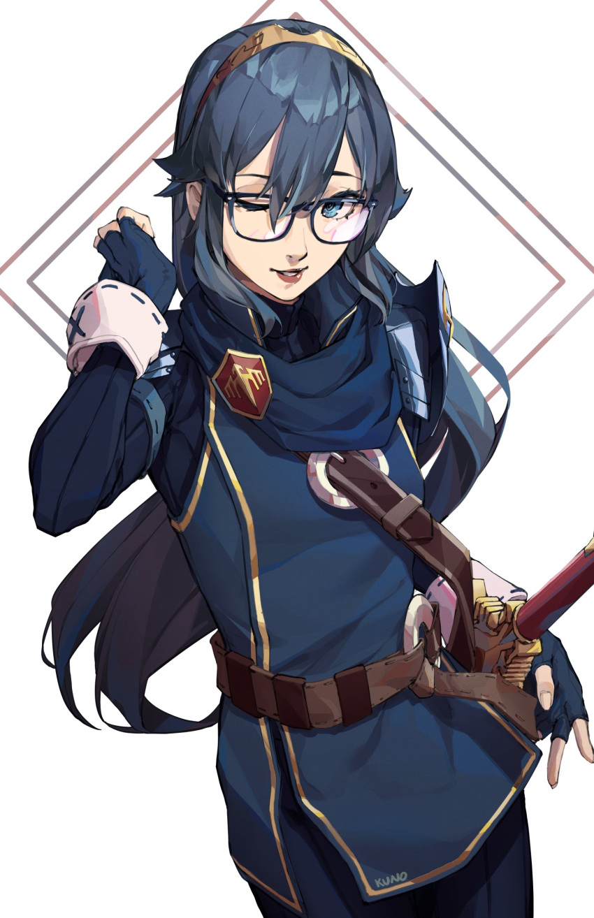 1girl absurdres armor artist_name belt belt_buckle blue-framed_eyewear blue_eyes blue_gloves blue_hair blue_scarf blue_sweater breastplate buckle commentary english_commentary falchion_(fire_emblem) fingerless_gloves fire_emblem fire_emblem_awakening fire_emblem_heroes glasses gloves hair_between_eyes hair_ornament highres kuno_(runkunochan) lips lipstick long_hair long_sleeves looking_at_viewer lucina_(fire_emblem) makeup one_eye_closed parted_lips ribbed_sweater scarf sheath sheathed shoulder_armor signature simple_background smile solo sweater sword teeth tiara turtleneck turtleneck_sweater weapon