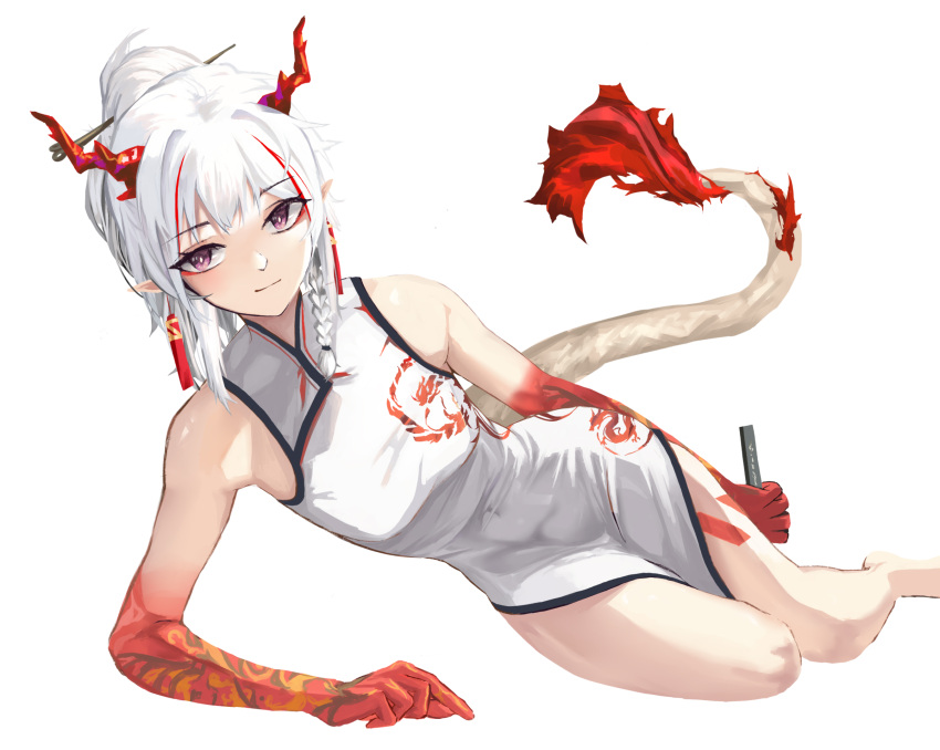 1girl arknights arm_support bangs bare_shoulders china_dress chinese_clothes chinese_commentary commentary_request dress eyebrows_visible_through_hair highres holding horns long_hair looking_at_viewer multicolored_hair nian_(arknights) nian_(unfettered_freedom)_(arknights) official_alternate_costume redhead silver_hair simple_background sleeveless sleeveless_dress solo streaked_hair tail thighs violet_eyes white_background xiaobei