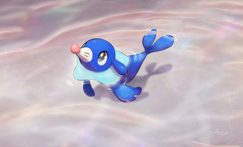 afloat closed_mouth commentary gen_7_pokemon grey_eyes highres looking_up no_humans nullma pokemon pokemon_(creature) popplio shiny smile solo swimming water wet