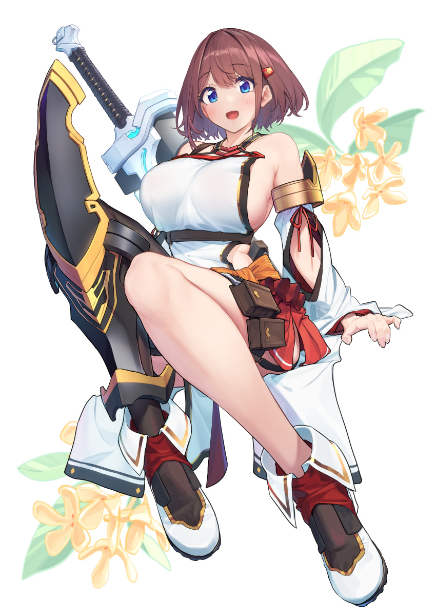 1girl absurdres baffu bangs bare_shoulders black_legwear blue_eyes blush breasts brown_hair detached_sleeves eyebrows_visible_through_hair greatsword hair_ornament hairclip highres hitoyo_(baffu) huge_weapon large_breasts looking_at_viewer no_bra open_mouth original short_hair short_hair_with_long_locks sideboob sideless_outfit single_thighhigh smile solo thigh-highs weapon weapon_on_back wide_sleeves