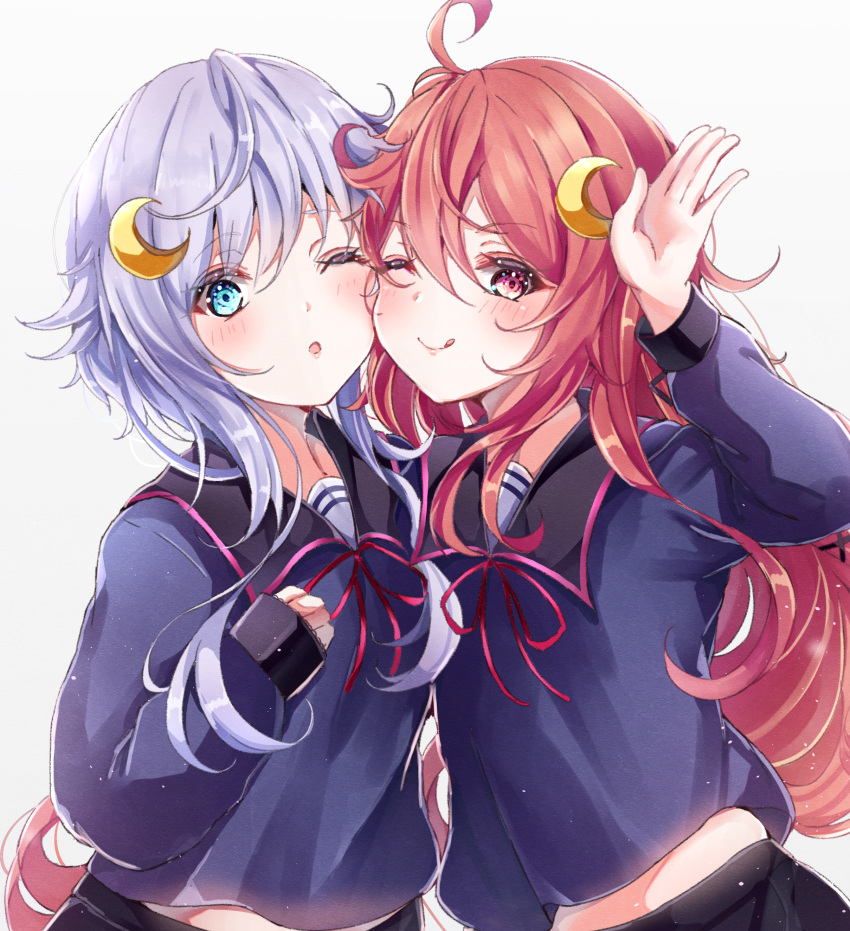 2girls absurdres black_skirt blue_eyes blue_serafuku blush crescent crescent_hair_ornament eyebrows_visible_through_hair grey_background hair_between_eyes hair_ornament highres kantai_collection long_hair long_sleeves multiple_girls one_eye_closed open_mouth pink_eyes pink_hair purple_hair sa-ya2 school_uniform serafuku short_hair_with_long_locks skirt smile tongue tongue_out upper_body uzuki_(kantai_collection) yayoi_(kantai_collection)