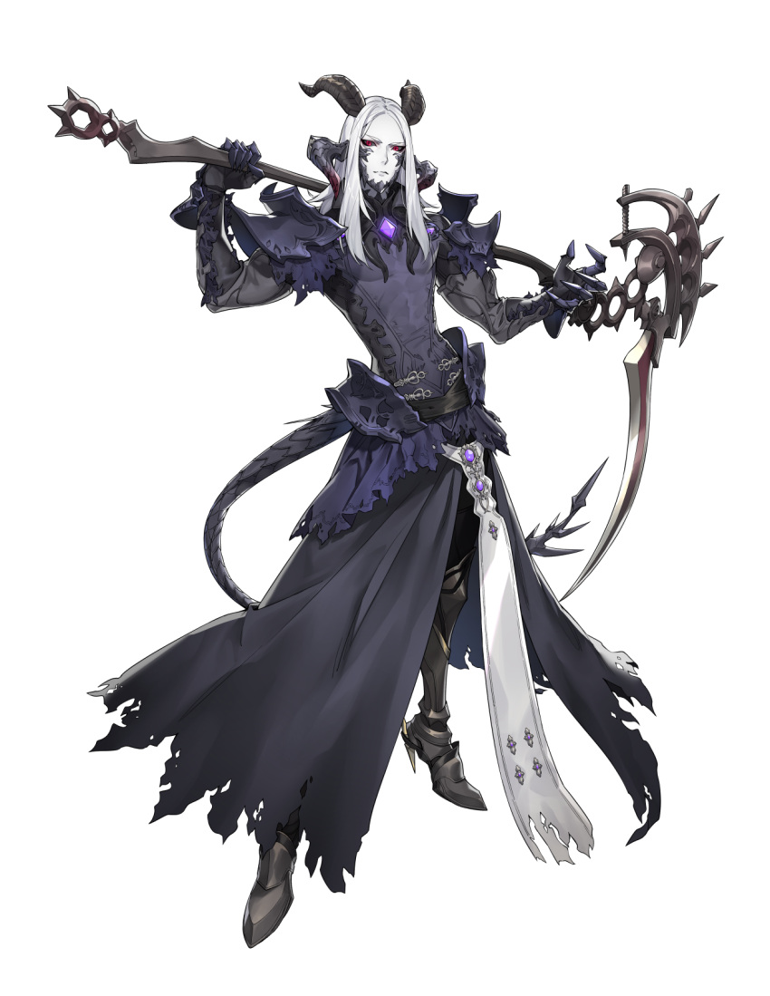 1boy armor au_ra black_sclera clawed_gauntlets colored_sclera final_fantasy final_fantasy_xiv gauntlets gem high_heels highres holding holding_scythe holding_weapon horns long_hair male_focus over_shoulder pale_skin pauldrons red_eyes scythe shoulder_armor simple_background solo standing tail torn_clothes weapon weapon_over_shoulder westxost_(68monkey) white_background white_hair