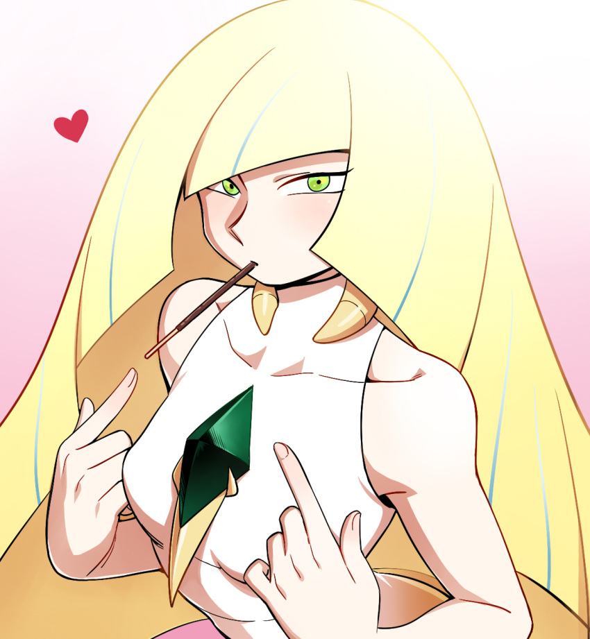 1girl bare_arms blonde_hair blush breasts collarbone commentary_request dress fingernails food gem green_eyes hands_up heart highres index_fingers_raised long_hair looking_at_viewer lusamine_(pokemon) mouth_hold multicolored_hair nutkingcall pocky pokemon pokemon_(game) pokemon_sm sleeveless sleeveless_dress solo streaked_hair upper_body