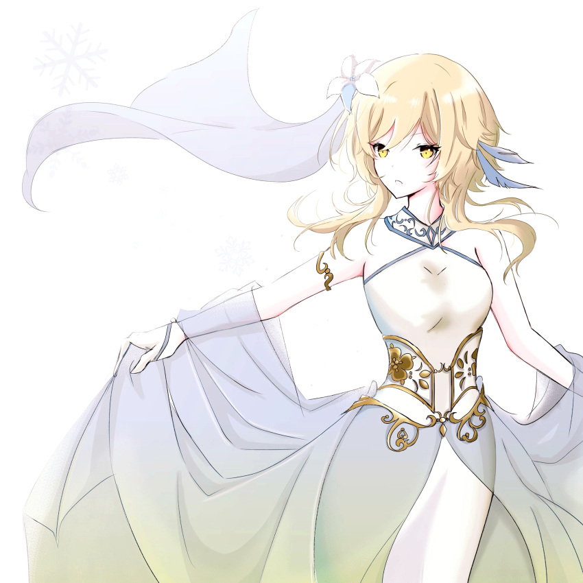 1girl bare_shoulders blonde_hair dress feathers flower genshin_impact hair_feathers hair_flower hair_ornament highres looking_at_viewer lumine_(genshin_impact) moeyabu short_hair simple_background snowflakes solo white_background white_dress yellow_eyes
