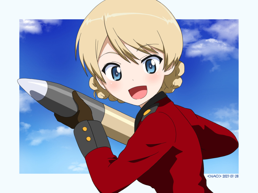 1girl :d artist_name bangs black_gloves blonde_hair blue_eyes border braid commentary_request darjeeling_(girls_und_panzer) dated eyebrows_visible_through_hair girls_und_panzer gloves holding jacket long_sleeves looking_at_viewer military military_uniform naotosi open_mouth outside_border partial_commentary red_jacket short_hair smile solo st._gloriana's_military_uniform tank_shell tied_hair twin_braids uniform upper_body white_border