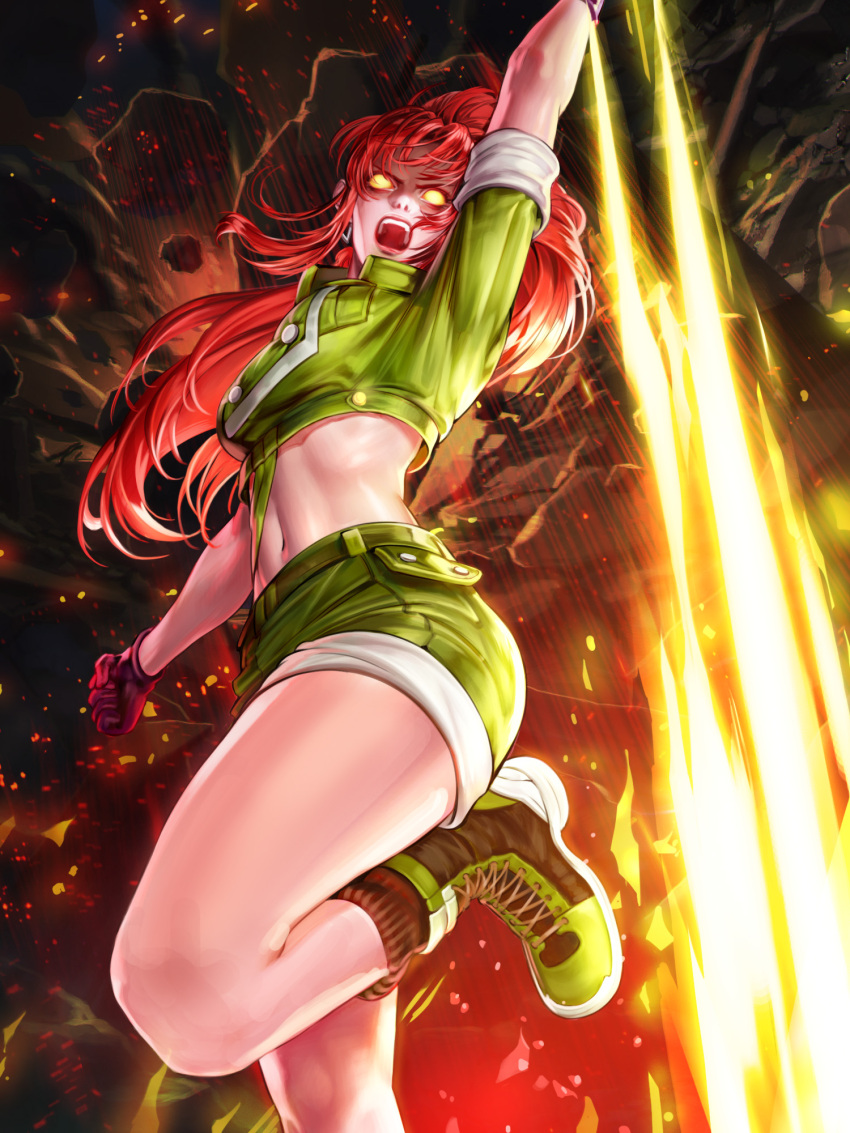 1girl boots combat_boots cropped_jacket cross-laced_footwear dark_persona earrings explosion gloves highres jewelry lace-up_boots leona_heidern navel official_art open_mouth orochi_leona ponytail redhead screaming shorts snk soldier solo suspenders the_king_of_fighters the_king_of_fighters_all-stars thighs toned triangle_earrings yellow_eyes