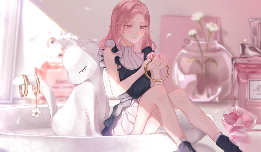 1girl bangs black_dress blurry blurry_background blush bottle cat dress flower gem hair_ornament hairclip heart highres holding holding_ring jewelry minigirl original parted_bangs perfume_bottle pink_eyes pink_hair ring sitting skirt solo statue towor_n white_flower white_skirt