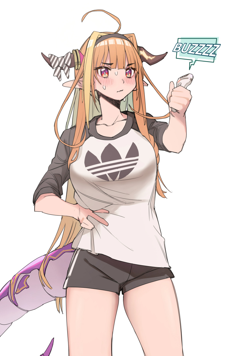 1girl absurdres adidas ahoge alternate_costume bangs black_hairband black_shorts blonde_hair blunt_bangs blush bow bowtie braid casual collarbone cropped_legs diagonal-striped_bow dragon_girl dragon_horns dragon_tail electric_razor english_text eyebrows_visible_through_hair fang hairband hand_on_hip hand_up highlights highres holding hololive horn_bow horns kiryuu_coco logo long_hair looking_at_object multicolored multicolored_eyes multicolored_hair orange_hair pointy_ears red_eyes scales shirt shorts simple_background single_braid skin_fang sleeves_rolled_up solo streaked_hair sweat tail very_long_hair violet_eyes virtual_youtuber white_background xiaoju_xiaojie