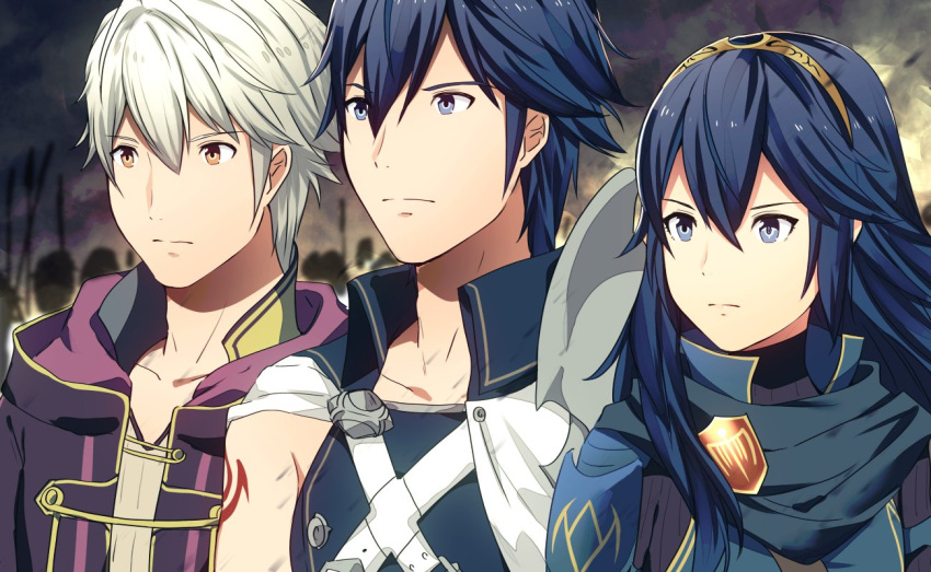 1girl 2boys ameno_(a_meno0) blue_eyes blue_hair brown_eyes chrom_(fire_emblem) fire_emblem fire_emblem_awakening frown hair_between_eyes long_hair lucina_(fire_emblem) multiple_boys robin_(fire_emblem) robin_(fire_emblem)_(male) short_hair sleeveless symbol-shaped_pupils tiara white_hair