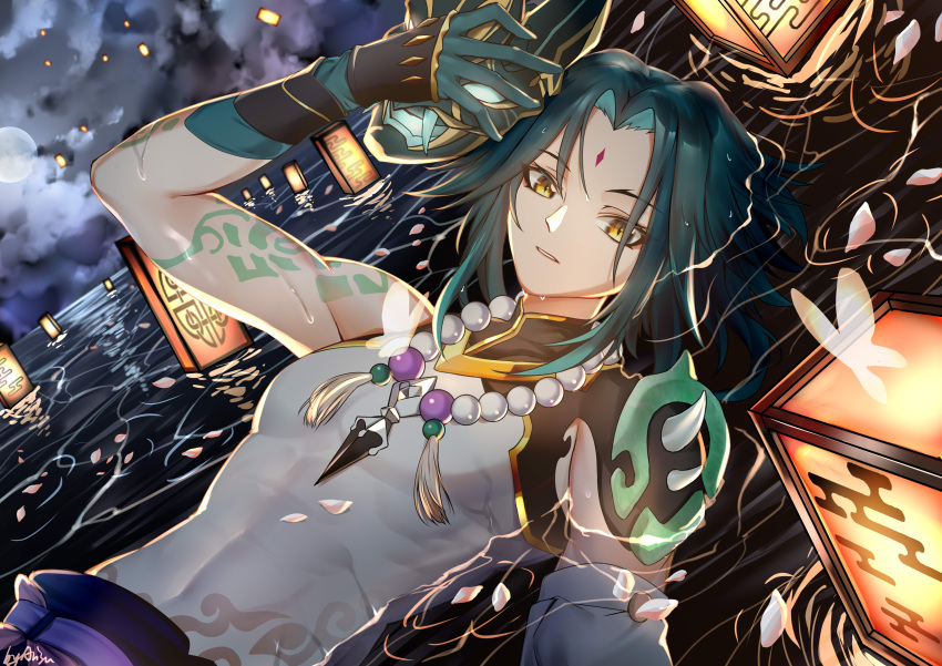1boy absurdres arisu_(wangyunqiu) arm_tattoo bangs bead_necklace beads black_gloves black_hair clouds cloudy_sky facial_mark forehead_mark genshin_impact gloves green_hair highres holding holding_mask jewelry lantern long_hair male_focus mask moon multicolored_hair necklace night night_sky ocean open_mouth outdoors parted_bangs petals petals_on_liquid sky slit_pupils solo tassel tattoo water xiao_(genshin_impact) yellow_eyes