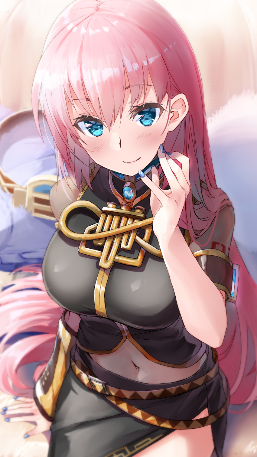 1girl armband bangs blue_eyes blue_nails blush breasts commentary_request daidou_(demitasse) highres jewelry large_breasts long_hair looking_at_viewer megurine_luka navel pink_hair sitting skirt smile solo very_long_hair vocaloid