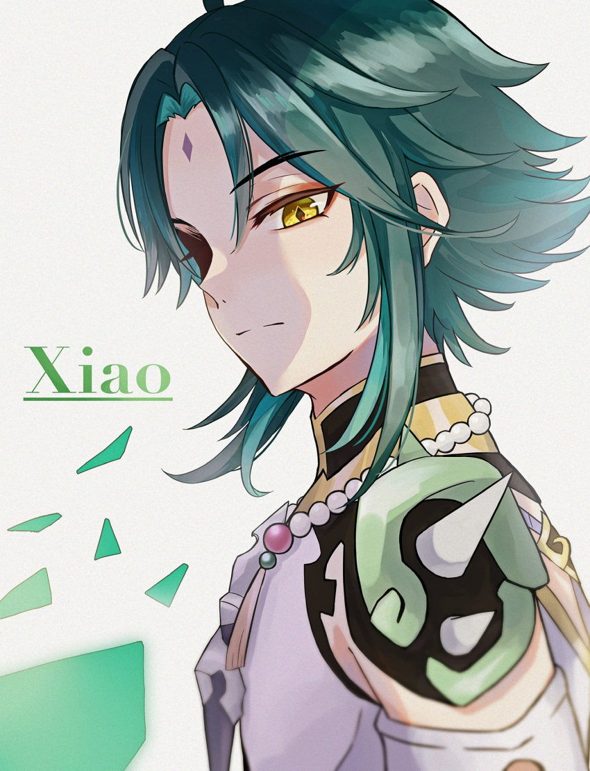 1boy ahoge bangs beads black_hair character_name closed_mouth diamond-shaped_pupils diamond_(shape) english_text eyebrows_visible_through_hair facial_mark forehead_mark genshin_impact green_hair highres jewelry long_hair male_focus multicolored_hair necklace parted_bangs sa_fest shoulder_spikes simple_background solo spikes symbol-shaped_pupils white_background xiao_(genshin_impact) yellow_eyes
