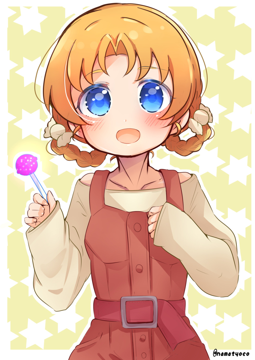 1girl bangs blue_eyes border braid brown_dress brown_shirt candy casual commentary dress eyebrows_visible_through_hair food girls_und_panzer hair_ornament highres holding holding_candy holding_food holding_lollipop lollipop long_sleeves looking_at_viewer namatyoco open_mouth orange_hair orange_pekoe_(girls_und_panzer) outline parted_bangs pinafore_dress red_sash sash shirt short_hair sleeves_past_wrists smile solo starry_background tied_hair twin_braids twitter_username upper_body white_border white_outline yellow_background
