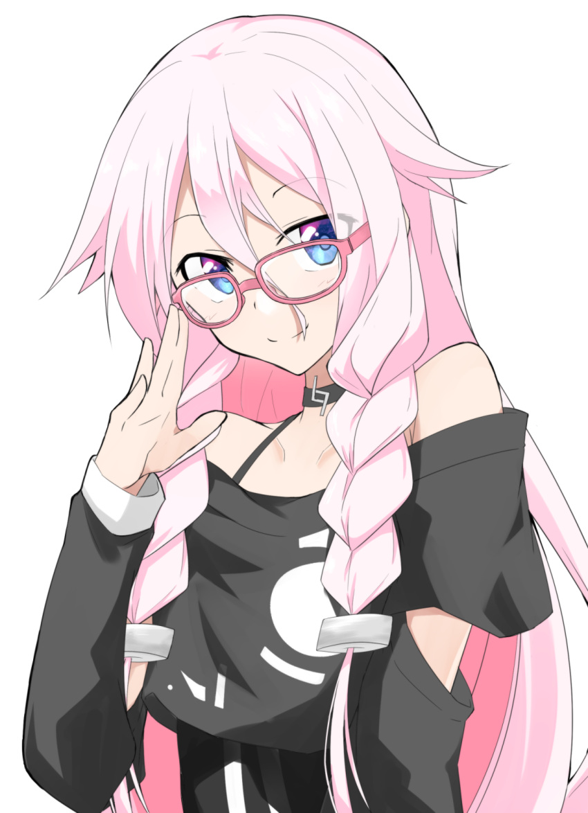 1girl adjusting_eyewear bare_shoulders bespectacled black_shirt blue_eyes cevio choker commentary elbow_cutout glasses hair_flaps highres ia_(vocaloid) long_hair looking_at_viewer pink-framed_eyewear pink_hair sena_kizahashi shirt smile solo spaghetti_strap upper_body very_long_hair vocaloid white_background