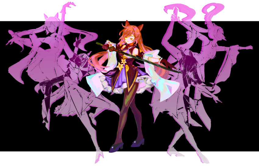 1girl absurdres afterimage bare_shoulders braid closed_eyes closed_mouth flower frills genshin_impact gloves high_heels highres holding holding_sword holding_weapon keqing_(genshin_impact) long_hair orange_hair pantyhose populamalus purple_footwear smile solo sword twintails weapon yellow_flower