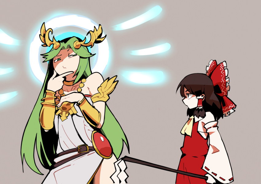 2girls ascot bare_shoulders belt black_eyes bow bracer brown_belt brown_hair closed_mouth comedy commentary contrapposto crossover detached_sleeves doodlerush dress english_commentary gohei green_eyes green_hair grey_background hair_bow hair_tubes hakurei_reimu half-closed_eye halo height_difference holding jitome kid_icarus laurel_crown long_hair long_sleeves medium_hair multiple_girls palutena red_bow red_skirt red_vest simple_background skirt standing strapless strapless_dress super_smash_bros. thinking touhou vest white_dress yellow_neckwear