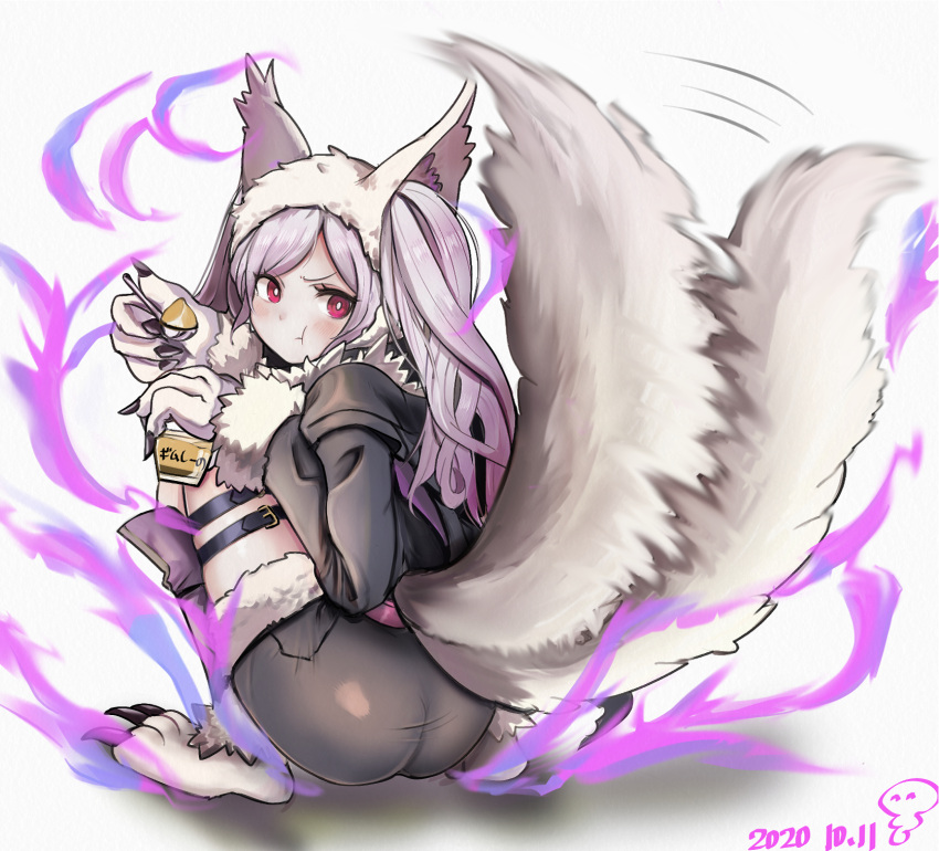 1girl animal_ears aura closed_mouth dark_aura eating fire_emblem fire_emblem_awakening fire_emblem_heroes food fur_trim gloves grima_(fire_emblem) halloween_costume highres holding holding_spoon long_sleeves paw_gloves paws pudding red_eyes robin_(fire_emblem) robin_(fire_emblem)_(female) shorts solo spoon squatting tail thigh_strap twintails usausanopopo5 white_hair wolf_ears wolf_tail