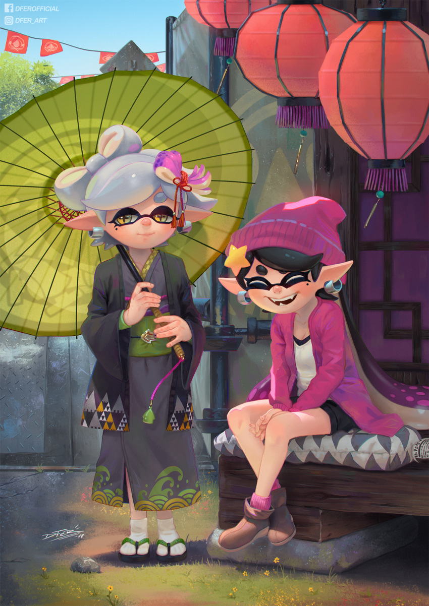 beanie callie_(splatoon) cousins earrings fangs hair_ornament hat highres idfer japanese_clothes jewelry kimono lantern looking_at_viewer marie_(splatoon) multicolored_hair oil-paper_umbrella pointy_ears purple_hair sandals short_shorts shorts silver_hair sitting smile splatoon_(series) splatoon_2 symbol-shaped_pupils tentacle_hair two-tone_hair umbrella yellow_eyes
