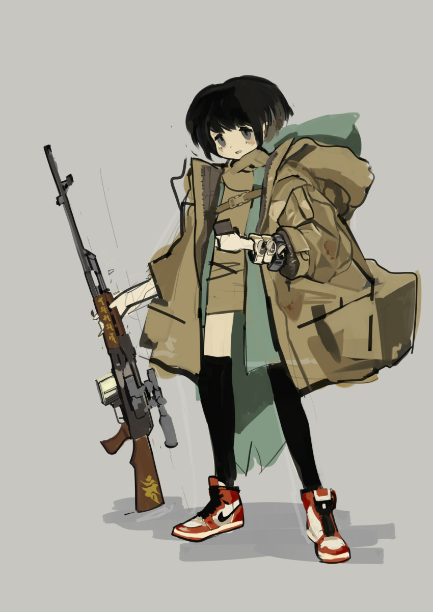 1girl air_jordan air_jordan_1 black_hair blush brown_jacket cellphone grey_eyes gun highres holding holding_gun holding_weapon jacket looking_at_phone looking_down nike open_mouth original phone rifle rikona shoes short_hair sketch smartphone sneakers sniper_rifle solo thigh-highs watch watch weapon