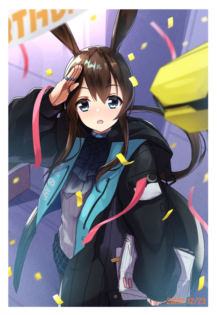 1girl amiya_(arknights) animal_ears arknights arm_up bangs black_hair black_jacket black_skirt blue_eyes blush carrying_under_arm commentary_request confetti dated eyebrows_visible_through_hair hair_between_eyes highres hood hood_down hooded_jacket indoors jacket jewelry long_hair long_sleeves looking_at_viewer minowa_sukyaru open_clothes open_jacket open_mouth ponytail puffy_long_sleeves puffy_sleeves rabbit_ears ring salute shirt skirt sleeves_past_wrists solo standing streamers thumb_ring very_long_hair white_shirt