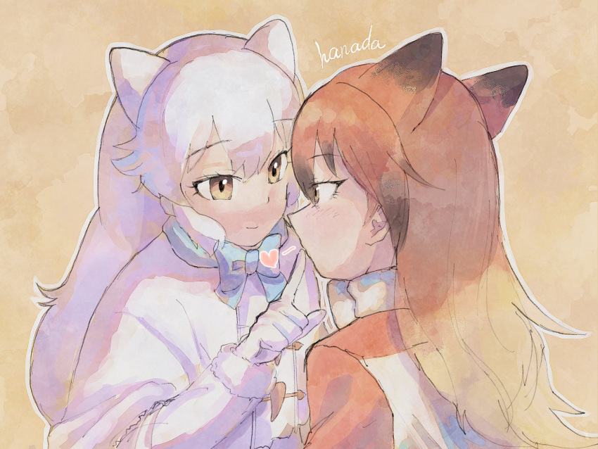 2girls animal_ears arctic_fox_(kemono_friends) blue_bow blue_bowtie blush bow bowtie brown_hair capelet coat extra_ears eyebrows_visible_through_hair finger_to_another's_mouth fox_ears fox_girl fur_trim gloves hanada_(cobalt003) heart highres kemono_friends long_hair long_sleeves multicolored_hair multiple_girls orange_coat orange_hair red_fox_(kemono_friends) sidelocks white_bow white_bowtie white_capelet white_coat white_fur white_gloves white_hair winter_clothes winter_coat yellow_eyes