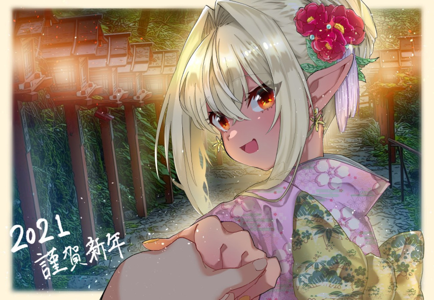 1girl bangs blonde_hair bow dark_skin dark-skinned_female earrings elf eyebrows_visible_through_hair flower from_behind hair_between_eyes hair_bun hair_flower hair_ornament happy_new_year holding_hands hololive japanese_clothes jewelry kimono mito_nosuke new_year open_mouth pointy_ears pov red_flower shiranui_flare upper_body virtual_youtuber yellow_bow yukata