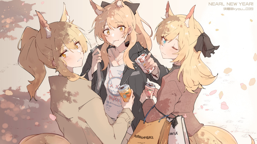 3girls animal_ear_fluff animal_ears arknights aunt_and_niece black_ribbon blemishine_(arknights) blonde_hair drink extra_ears hair_ribbon highres holding horse_ears horse_girl horse_tail jacket kyou_039 looking_at_viewer medium_hair multiple_girls nearl_(arknights) one_eye_closed ponytail ribbon tail whislash_(arknights)