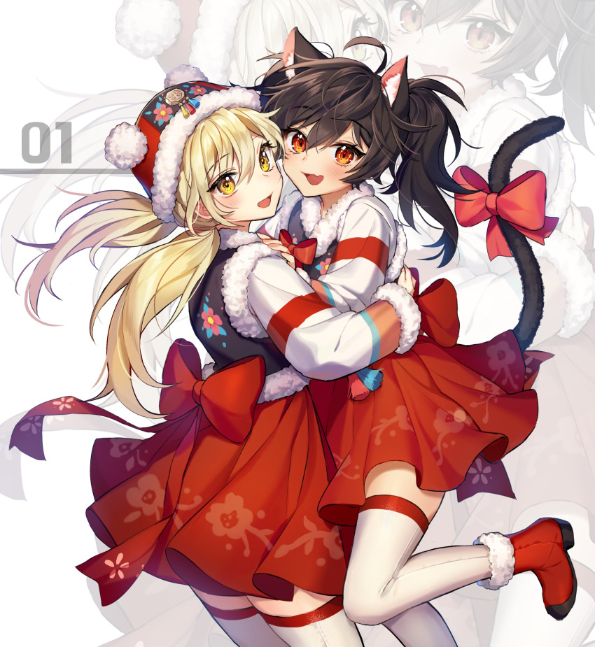 2girls ahoge animal_ears bangs blonde_hair blush bow cat_ears cat_girl cat_tail commentary_request copyright_request doomie1 fang floral_print from_side fur-trimmed_headwear fur_trim hands_up hat highres hug jacket large_bow long_hair multiple_girls open_mouth print_skirt red_bow red_eyes red_footwear red_legwear red_skirt santa_hat skin_fang skindentation skirt smile tail tail_bow tail_ornament thigh-highs twintails two-tone_legwear white_jacket white_legwear yellow_eyes