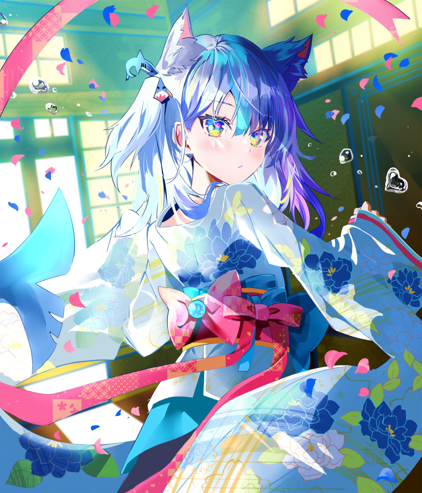 1girl alternate_costume alternate_hairstyle animal_ear_fluff animal_ears bangs blue_bow blue_eyes blue_hair blush bow bubble cat_ears closed_mouth commentary_request day eyebrows_visible_through_hair fish_tail floral_print from_behind furisode fusuma gawr_gura green_eyes hair_between_eyes hair_ornament hands_up heart highres hololive hololive_english indoors japanese_clothes kemonomimi_mode kimono long_hair looking_at_viewer looking_back multicolored multicolored_eyes petals pink_eyes print_kimono red_bow red_ribbon ribbon sash seigaiha shark_girl shark_hair_ornament shark_tail shiny shiny_hair sho_(runatic_moon) shouji sliding_doors solo standing sunlight tail twintails virtual_youtuber white_kimono wide_sleeves wind yellow_eyes